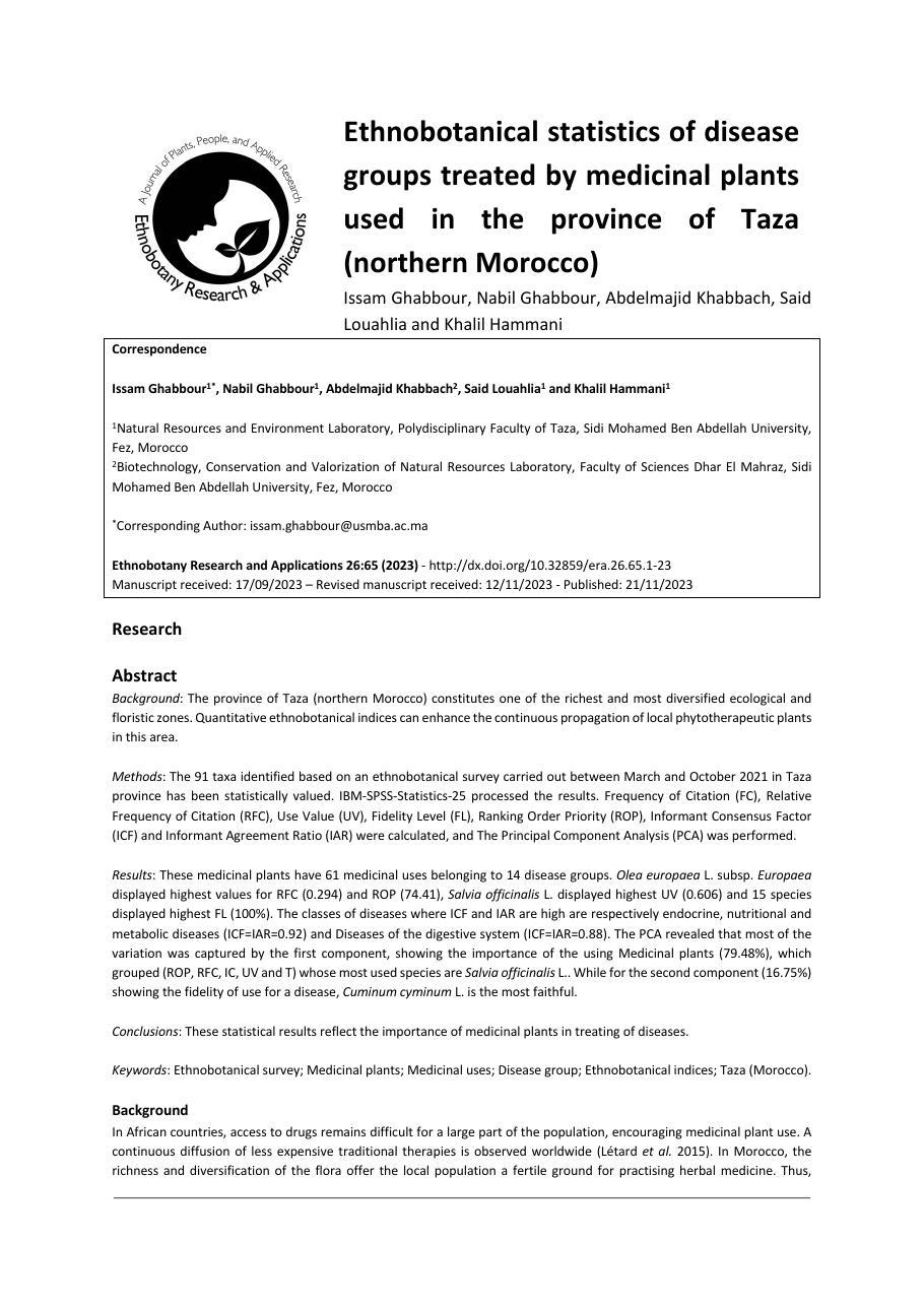 Première page : Ethnobotanical statistics of disease groups treated by medicinal plants used in the province of Taza (northern Morocco)