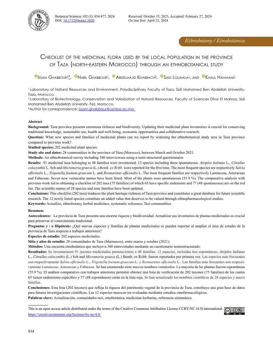 Première page : Checklist of the medicinal flora used by the local population in the province of Taza (north-eastern Morocco) through an ethnobotanical study