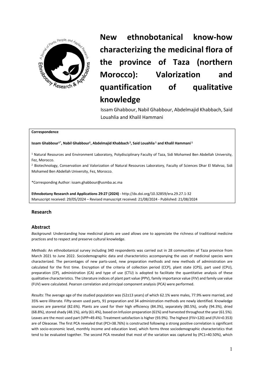 Première page : New ethnobotanical know-how characterizing the medicinal flora of the province of Taza (northern Morocco)