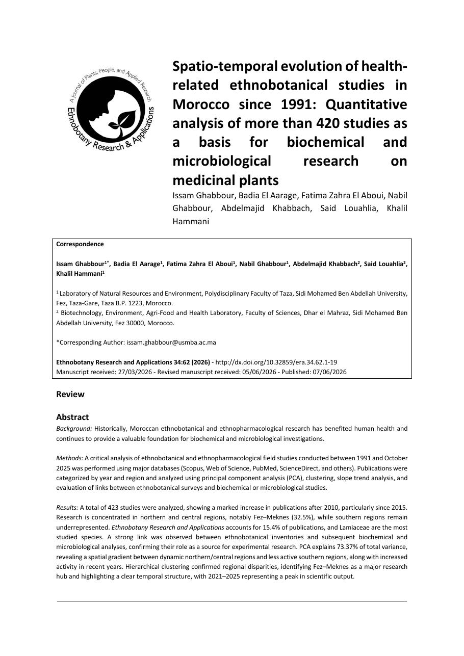 Première page : Spatio-temporal evolution of health-related ethnobotanical studies in Morocco since 1991