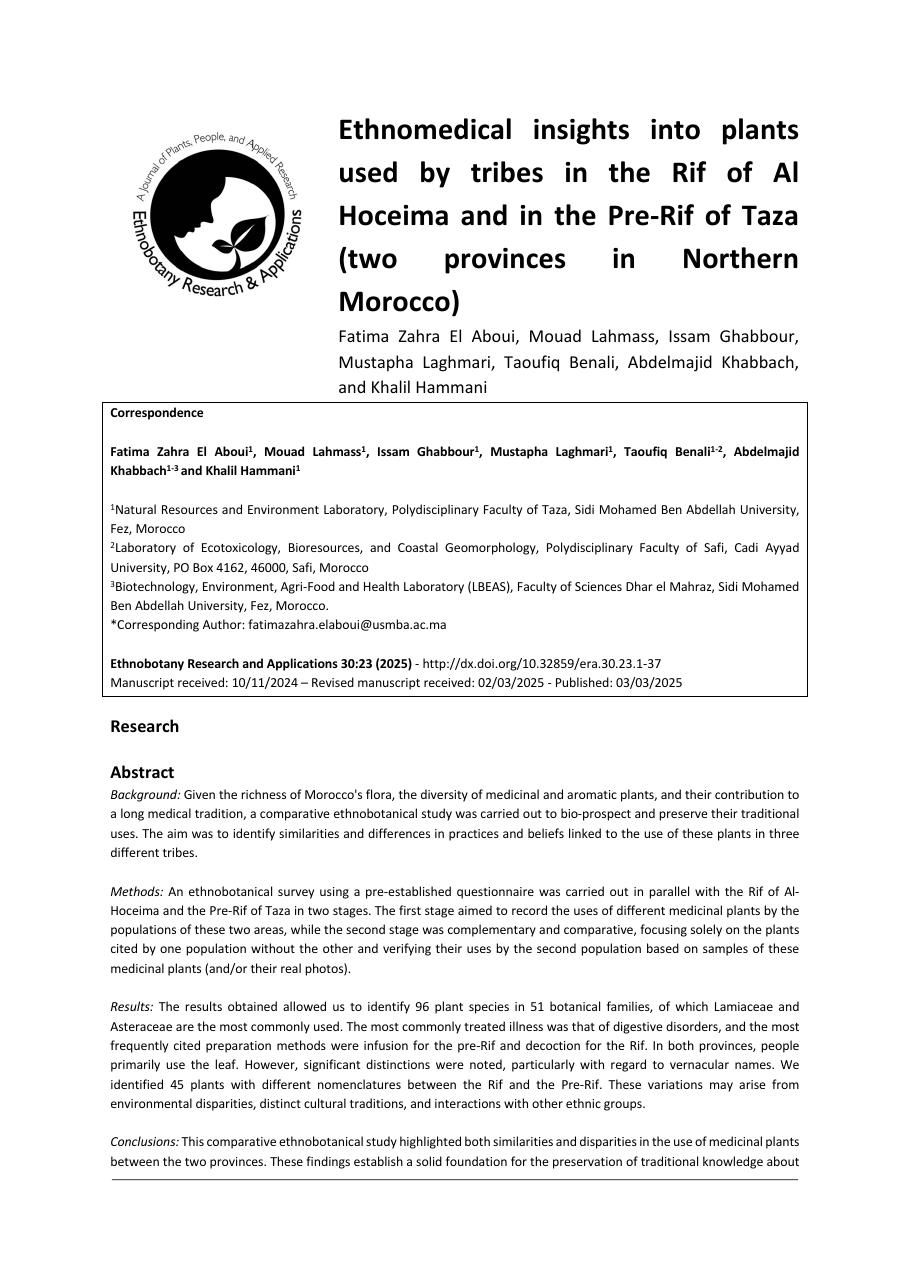 Première page : Ethnomedical insights into plants used by tribes in the Rif of Al Hoceima and in the Pre-Rif of Taza