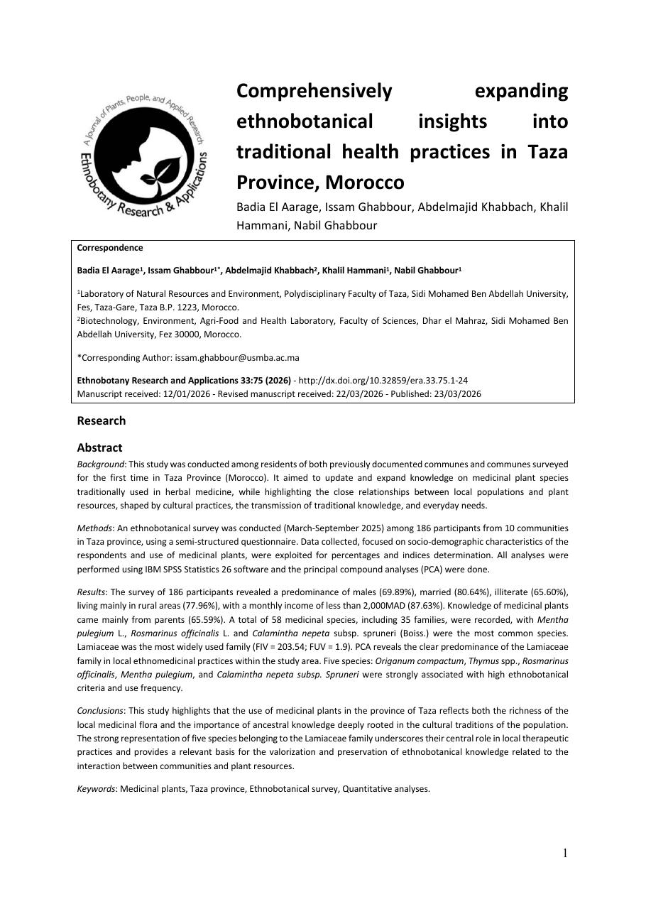 Première page : Comprehensively expanding ethnobotanical insights into traditional health practices in Taza Province, Morocco