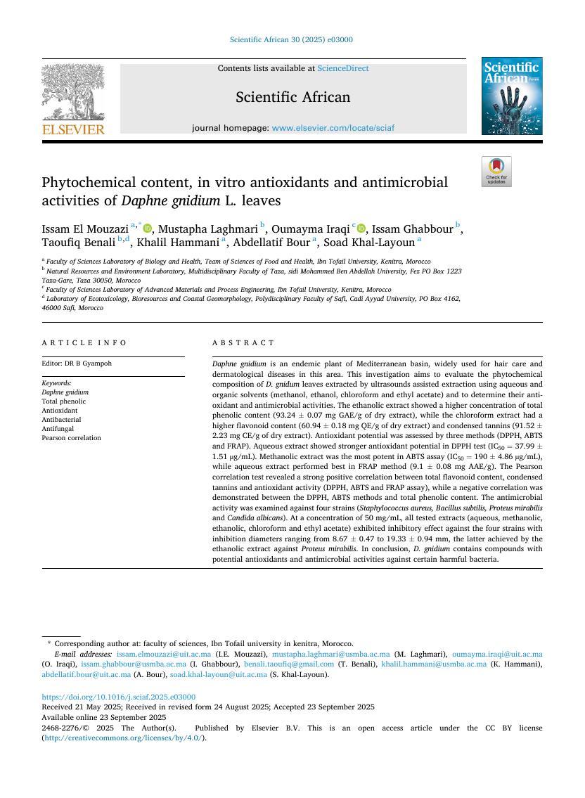 Première page : Phytochemical content, in vitro antioxidants and antimicrobial activities of Daphne gnidium L. leaves