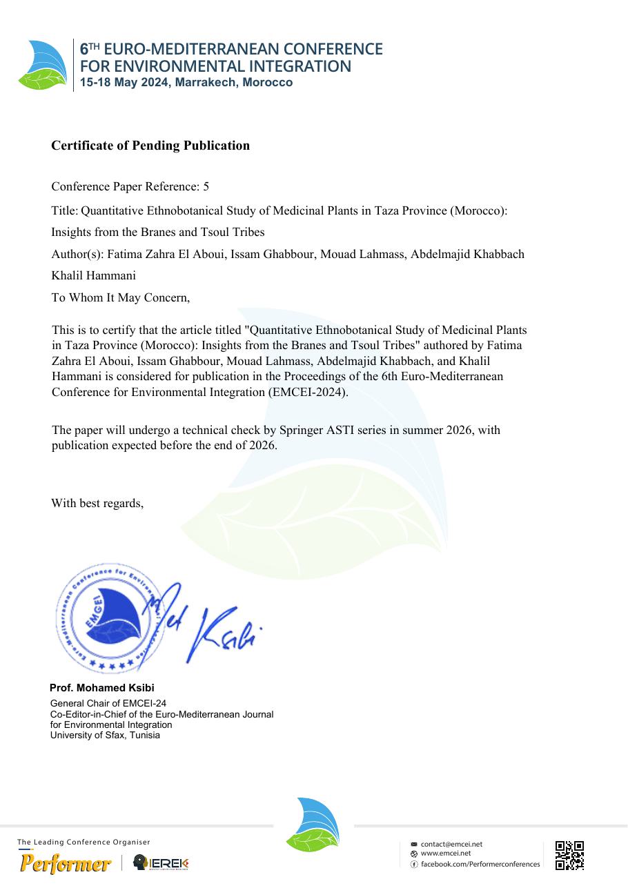 Première page : Quantitative Ethnobotanical Study of Medicinal Plants in Taza Province (Morocco): Insights from the Branes and Tsoul Tribes